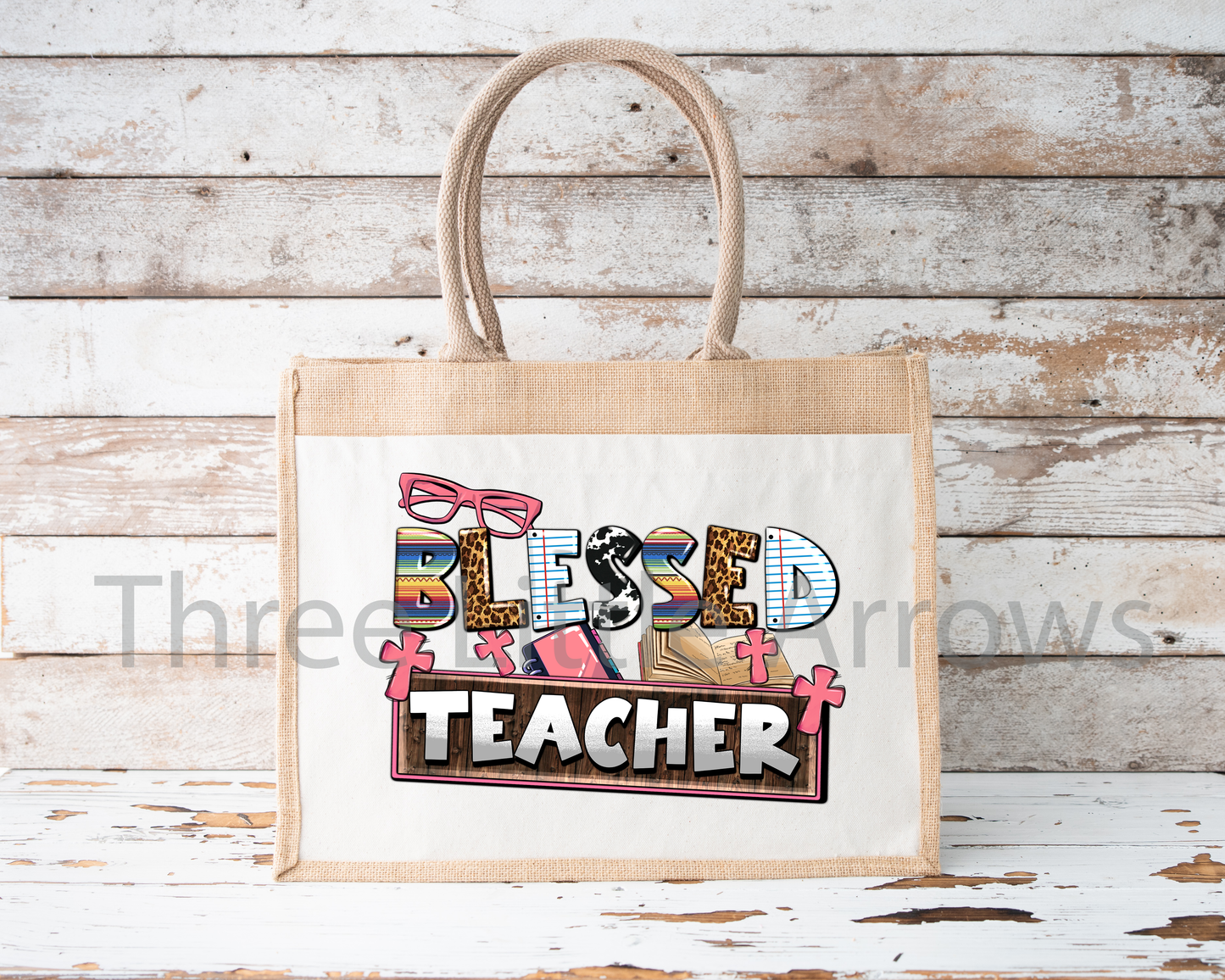 Blessed Teacher Burlap Tote Bag