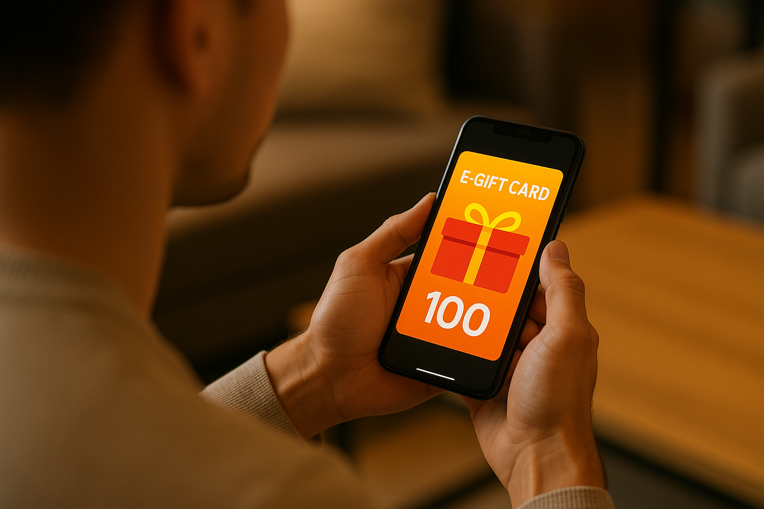 Create a picture of a person recieving an e-gift card with no faces