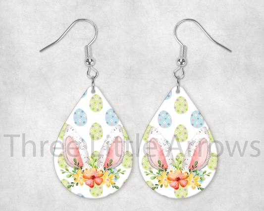 Floral Bunny Ears Easter Egg Teardrop Earrings