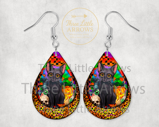 Black Cat Halloween Teardrop Earrings