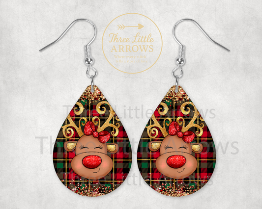 Plaid & Glitter Reindeer Glow Earrings