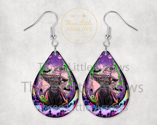 Witchy Black Cat Teardrop Earrings