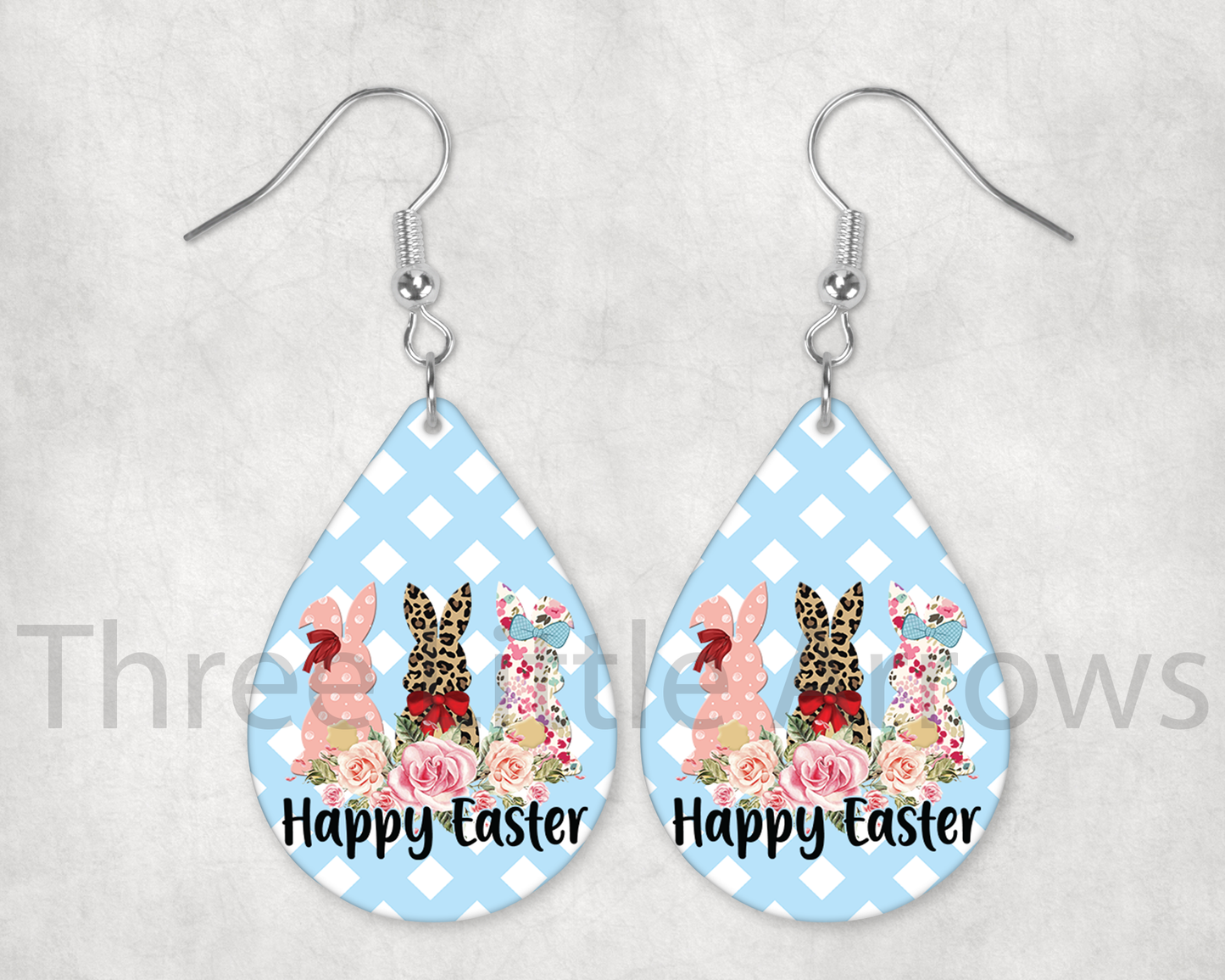 Patterned Bunny Trio Happy Easter Teardrop Earrings