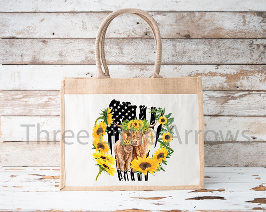 Highland Cow & Sunflower Burlap Tote Bag