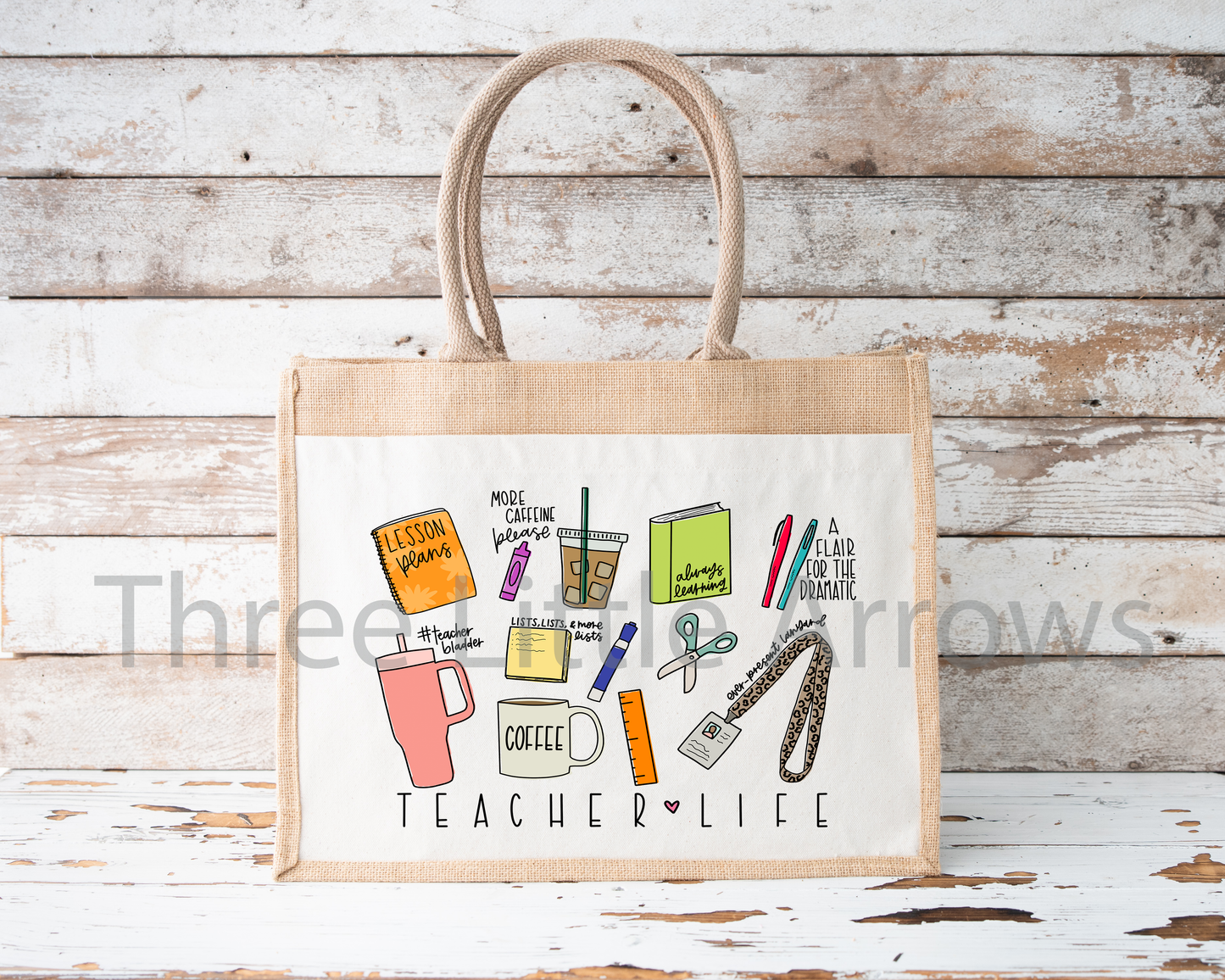 Teacher Life Essentials Burlap Tote Bag
