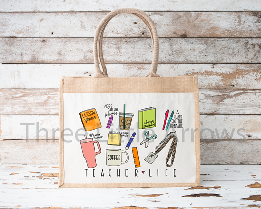 Teacher Life Essentials Burlap Tote Bag
