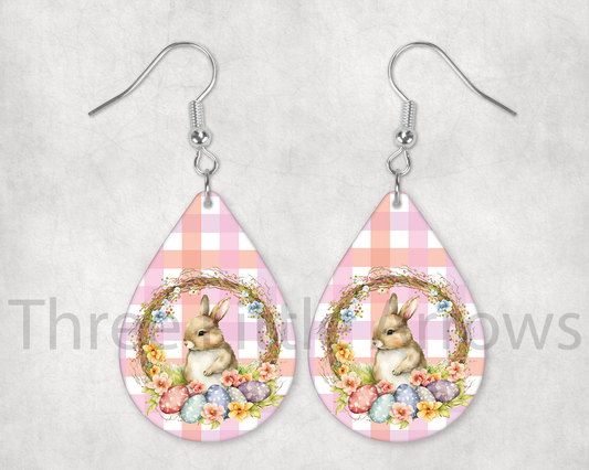 Vintage Bunny Floral Wreath Teardrop Earrings