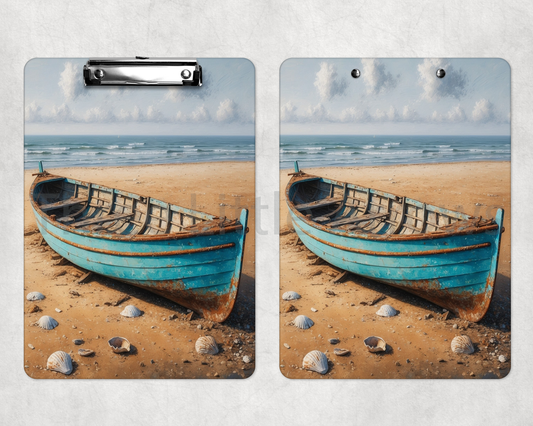 Weathered Coastal Boat Clipboard – Rustic Beach Scene Design