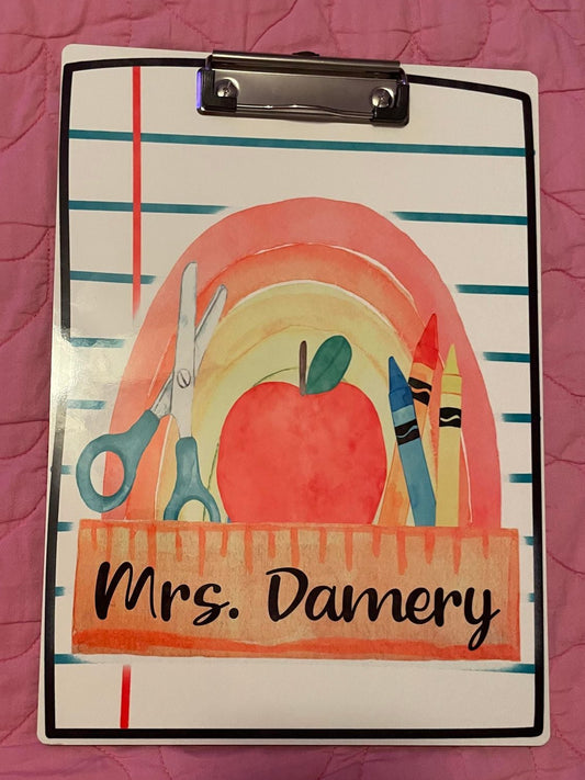 Rainbow School Supplies Clipboard – Custom Teacher Name Design