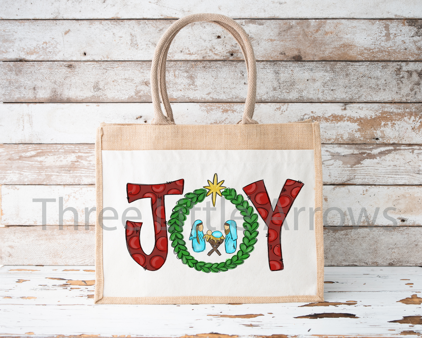 JOY Nativity Wreath burlap bag