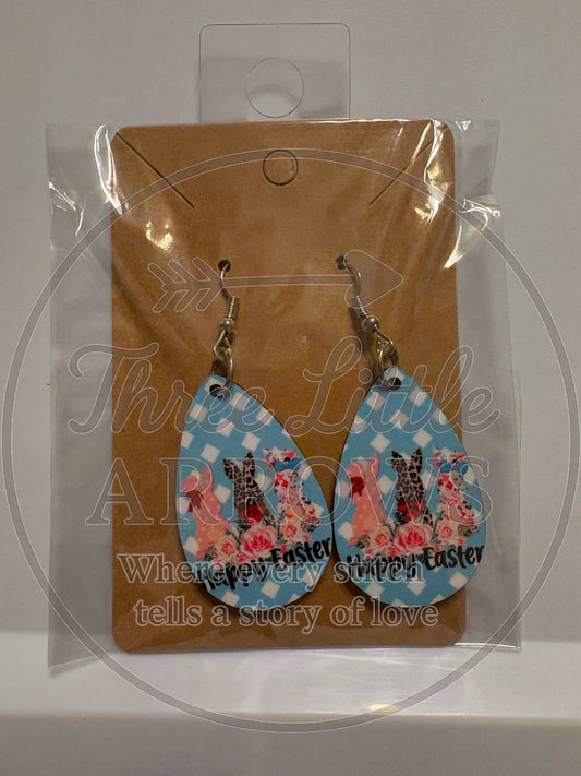Patterned Bunny Trio Happy Easter Teardrop Earrings