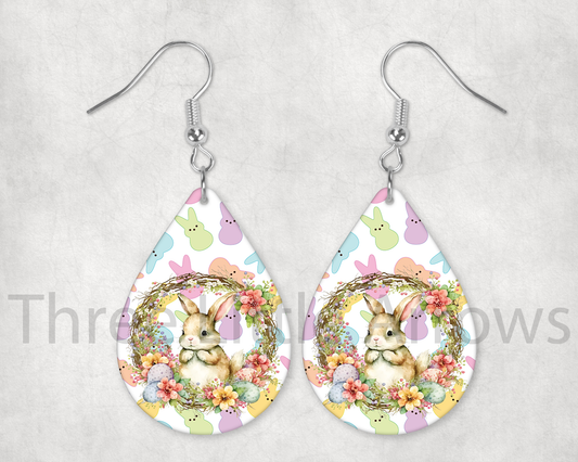 Peep Bunny Floral Wreath Teardrop Earrings
