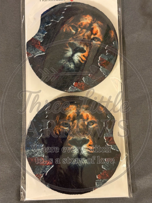 “Lion in between torn flag” Car Coasters